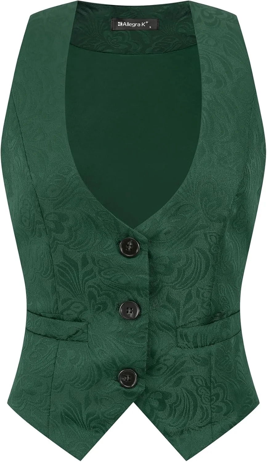Allegra K Vintage Vest for Women's Button Up Jacquard Steampunk Suit Waistcoat with Pockets