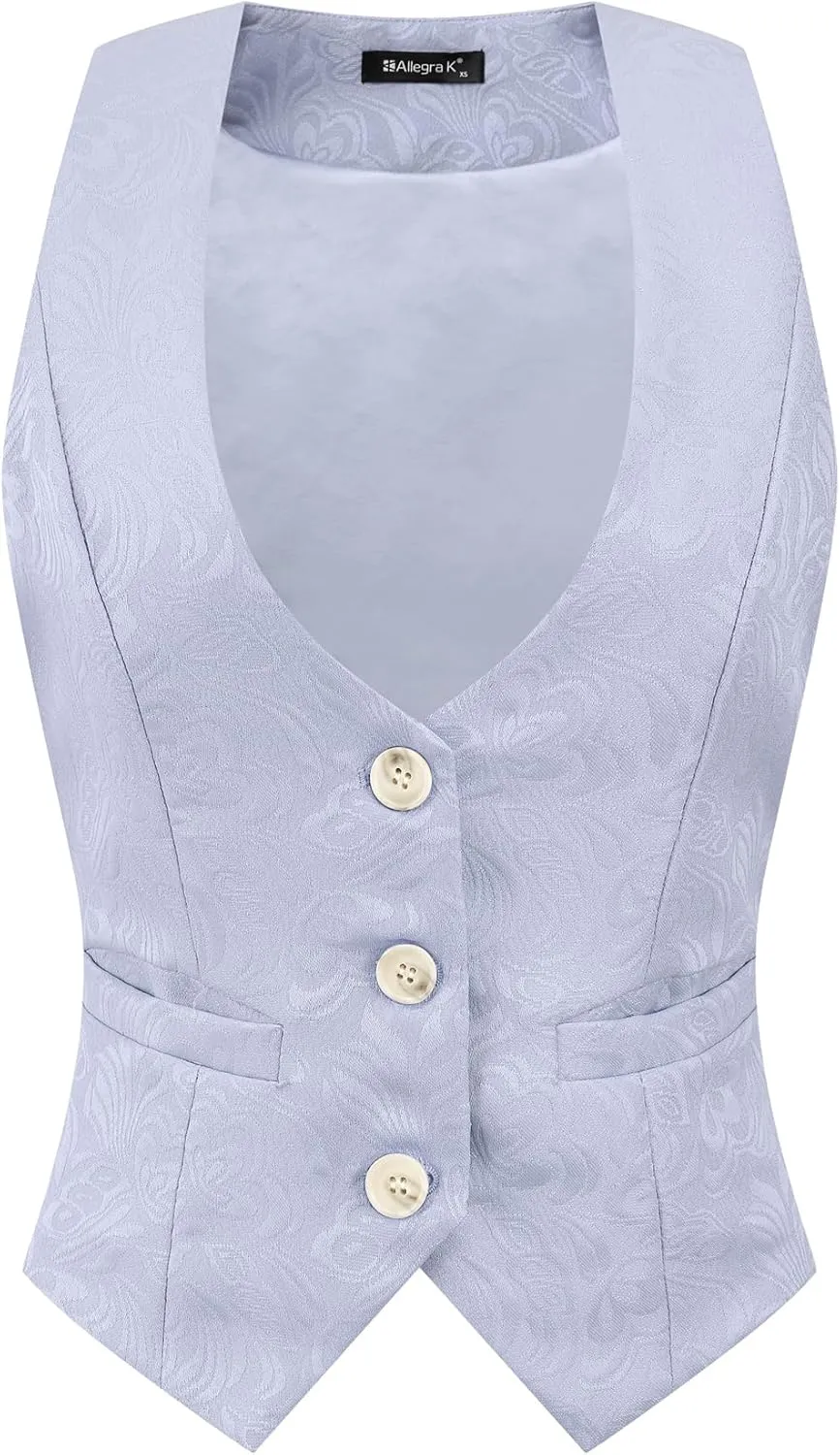 Allegra K Vintage Vest for Women's Button Up Jacquard Steampunk Suit Waistcoat with Pockets