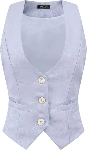 Allegra K Vintage Vest for Women's Button Up Jacquard Steampunk Suit Waistcoat with Pockets