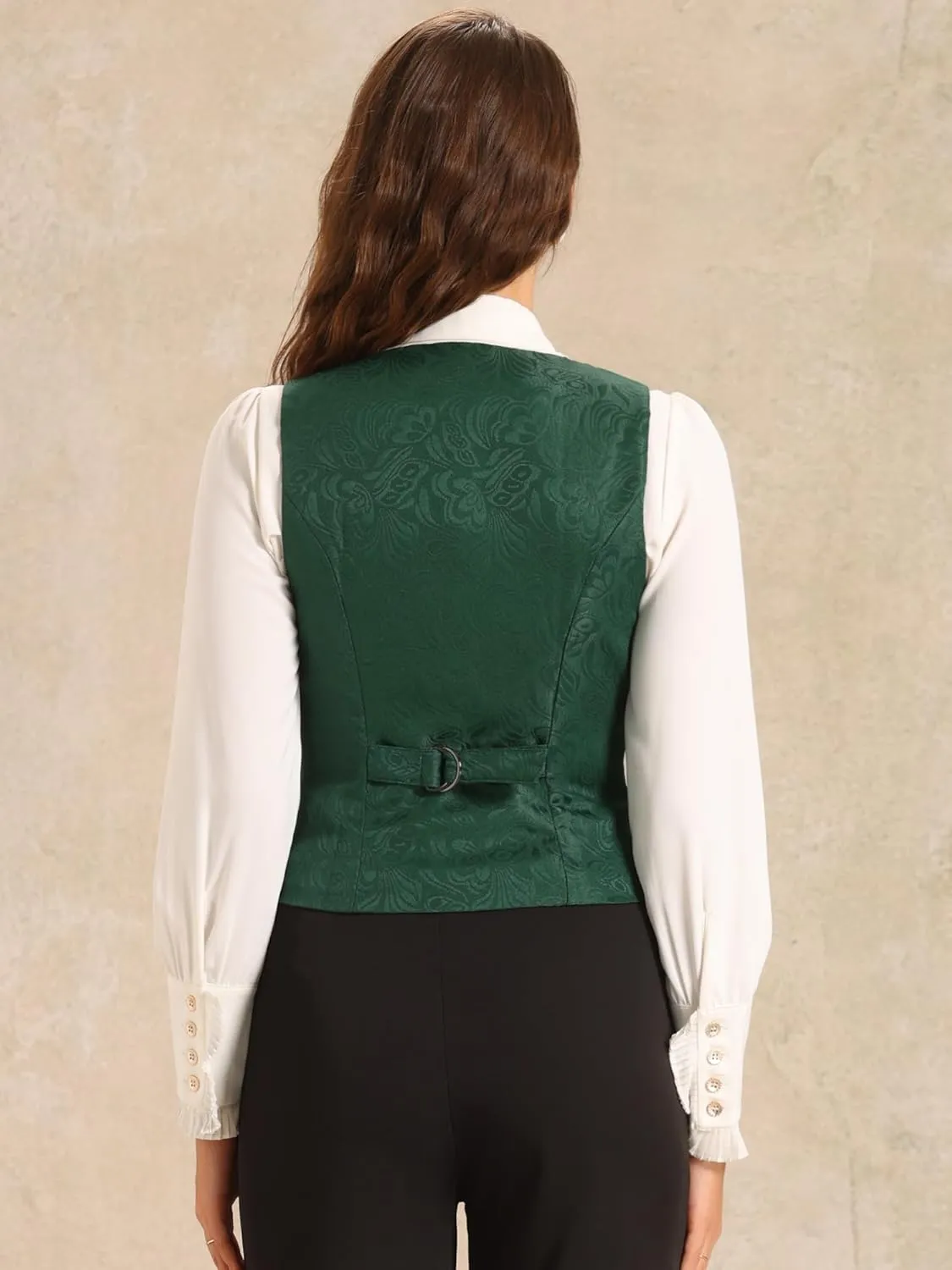 Allegra K Vintage Vest for Women's Button Up Jacquard Steampunk Suit Waistcoat with Pockets