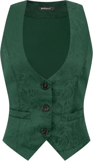 Allegra K Vintage Vest for Women's Button Up Jacquard Steampunk Suit Waistcoat with Pockets
