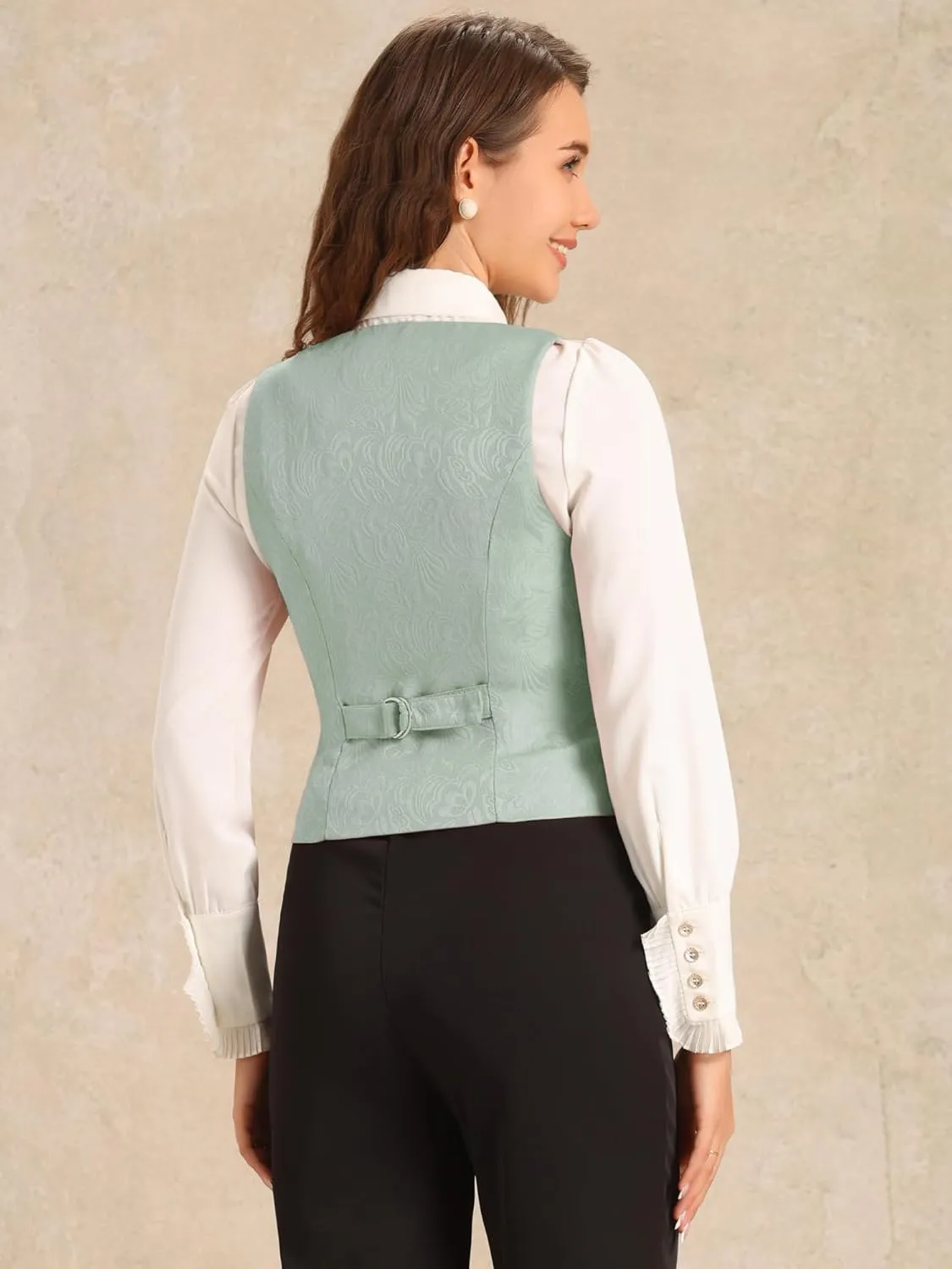 Allegra K Vintage Vest for Women's Button Up Jacquard Steampunk Suit Waistcoat with Pockets
