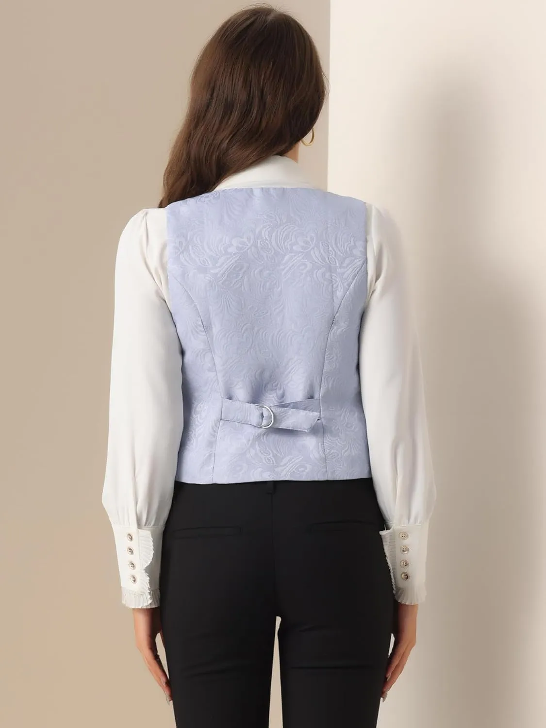 Allegra K Vintage Vest for Women's Button Up Jacquard Steampunk Suit Waistcoat with Pockets
