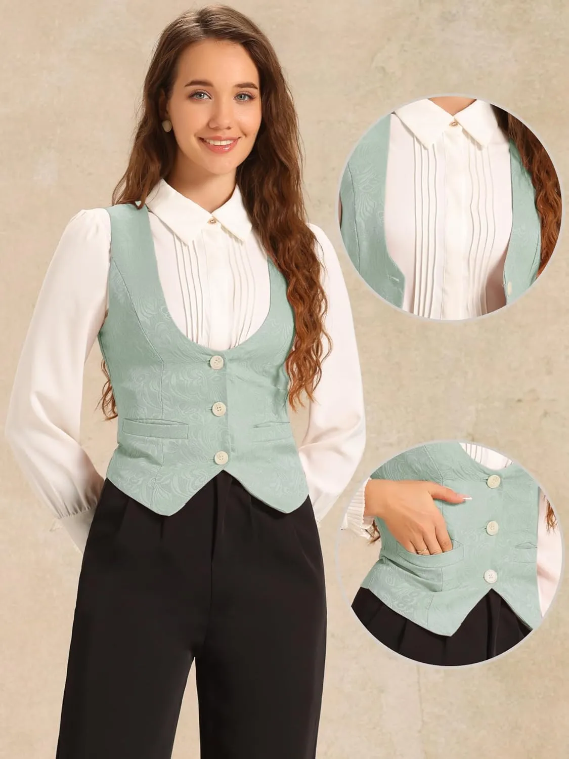 Allegra K Vintage Vest for Women's Button Up Jacquard Steampunk Suit Waistcoat with Pockets