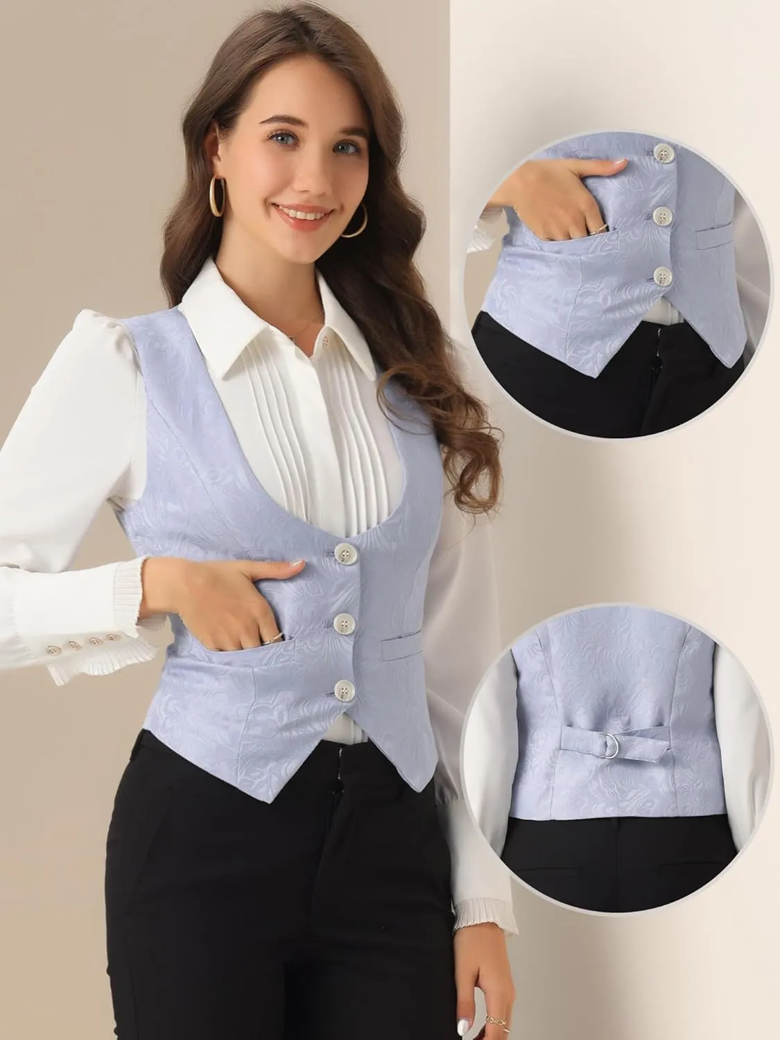 Allegra K Vintage Vest for Women's Button Up Jacquard Steampunk Suit Waistcoat with Pockets