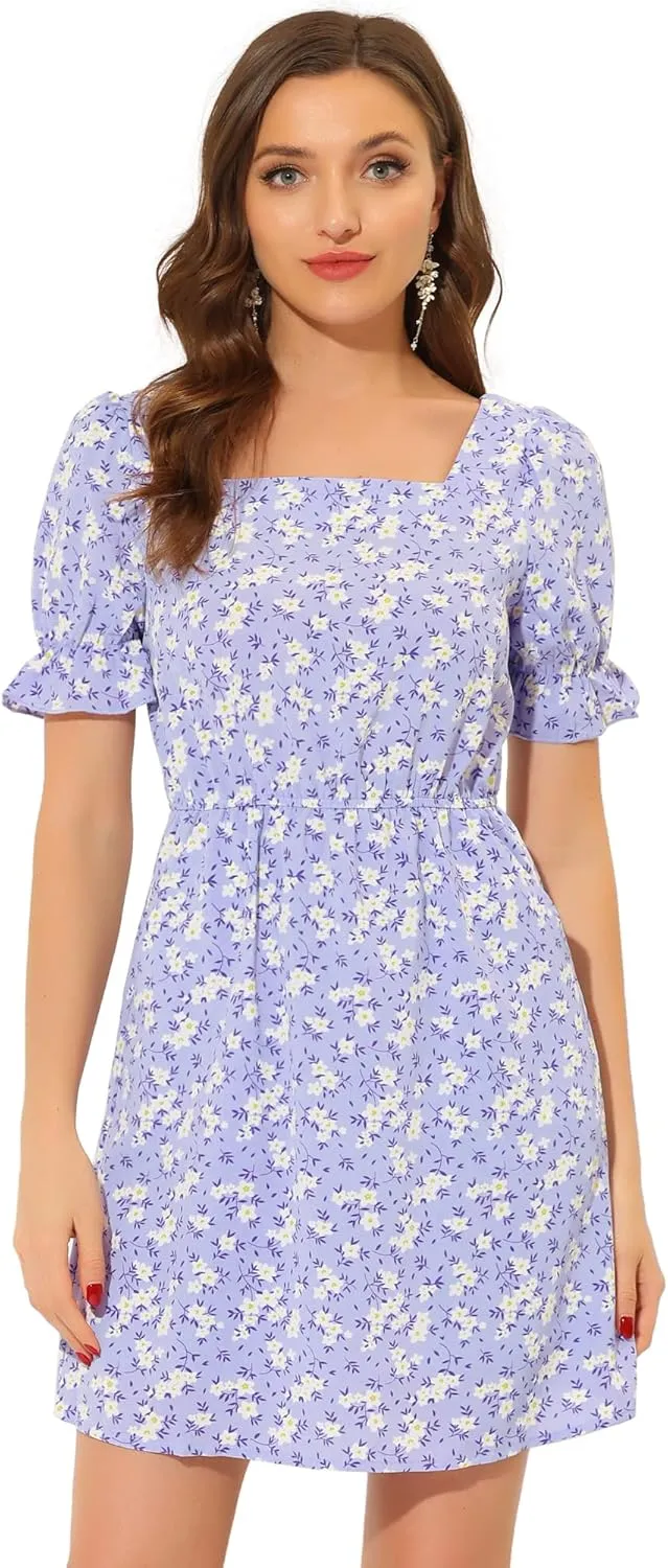 Allegra K Women's 2023 Causal Square Neck Elastic Waist Pocket Puff Sleeve Floral Short Dress