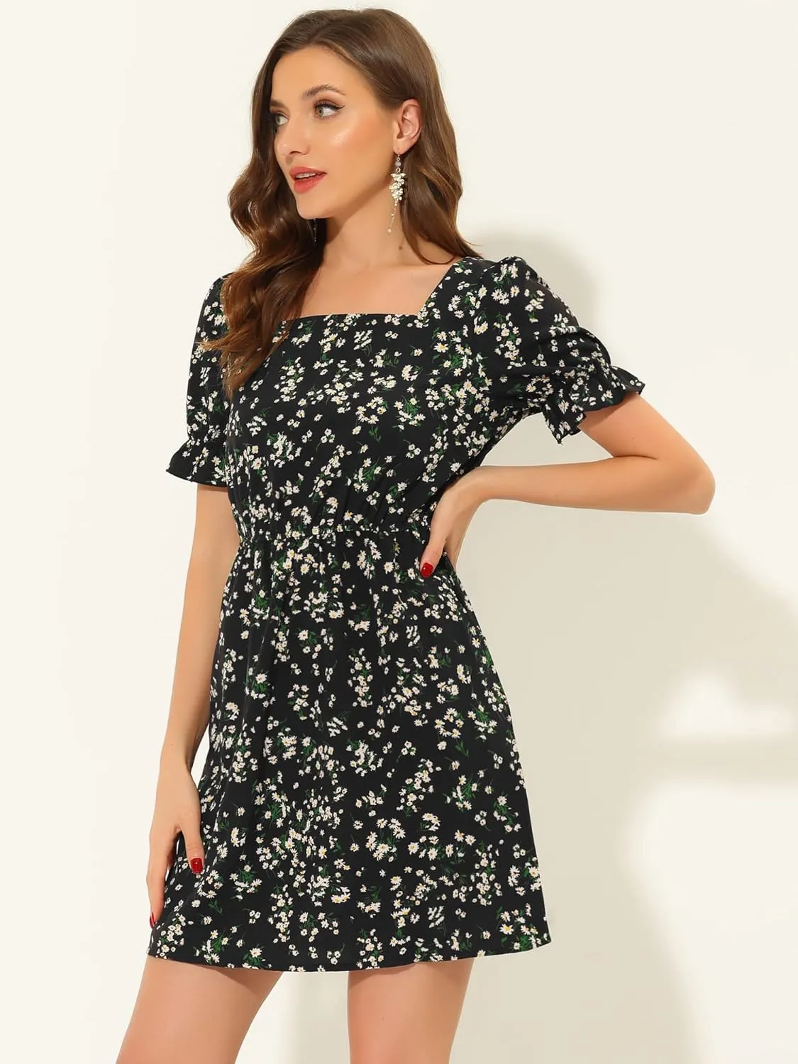 Allegra K Women's 2023 Causal Square Neck Elastic Waist Pocket Puff Sleeve Floral Short Dress