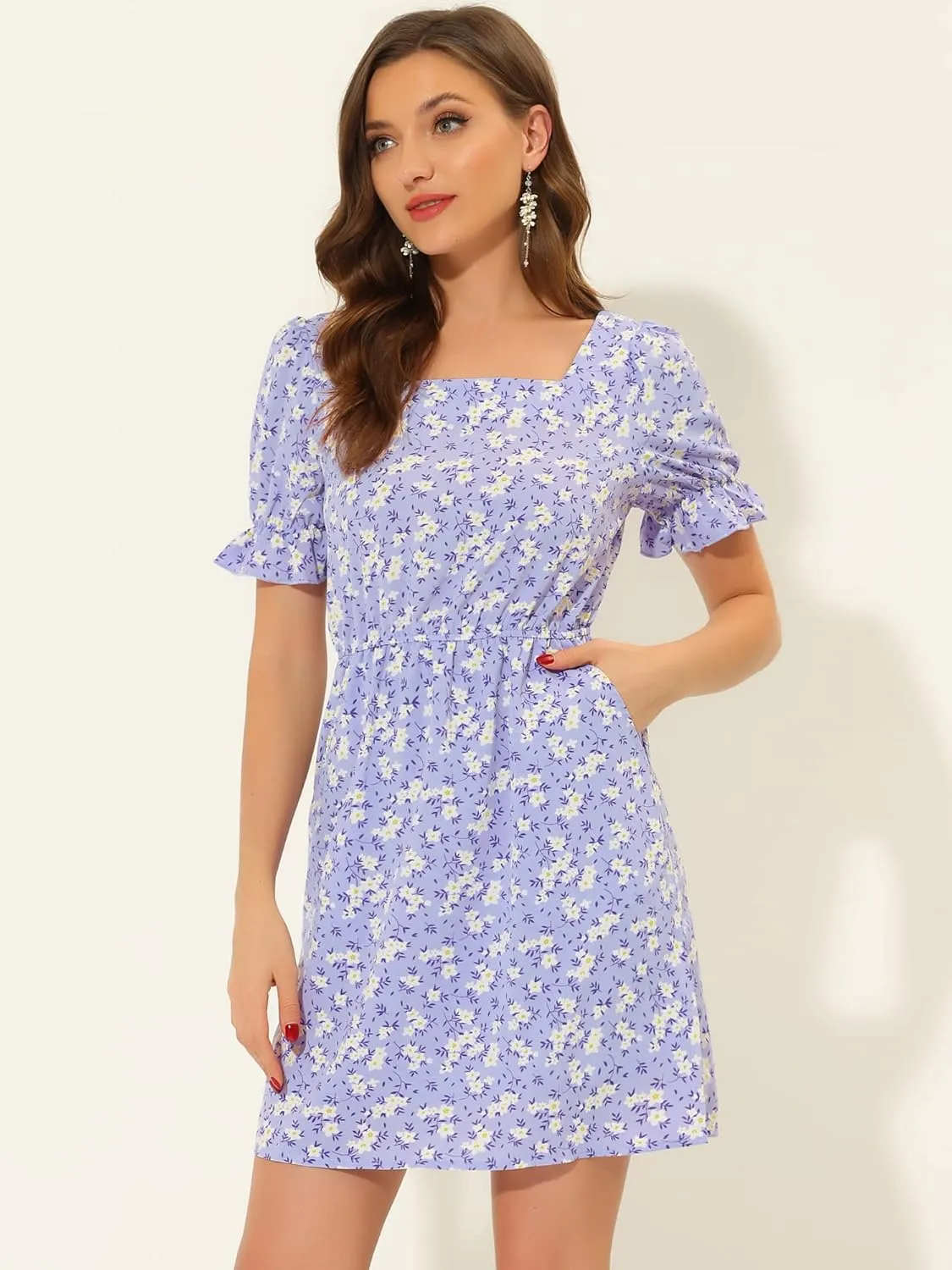 Allegra K Women's 2023 Causal Square Neck Elastic Waist Pocket Puff Sleeve Floral Short Dress