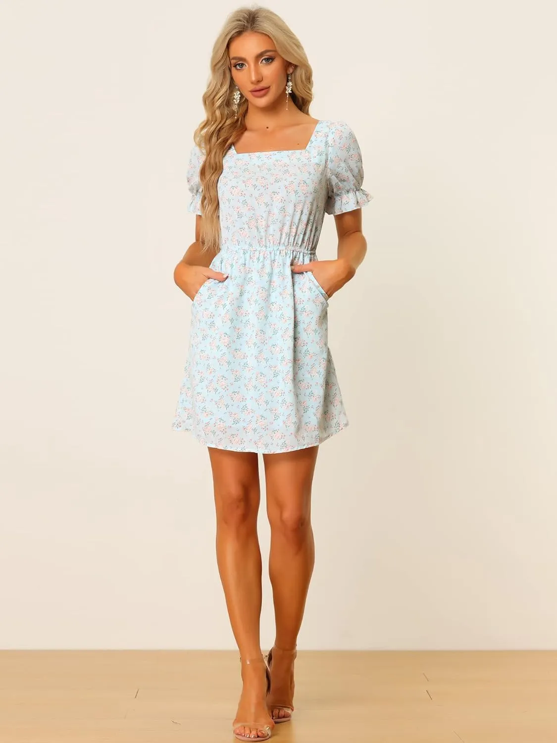 Allegra K Women's 2023 Causal Square Neck Elastic Waist Pocket Puff Sleeve Floral Short Dress