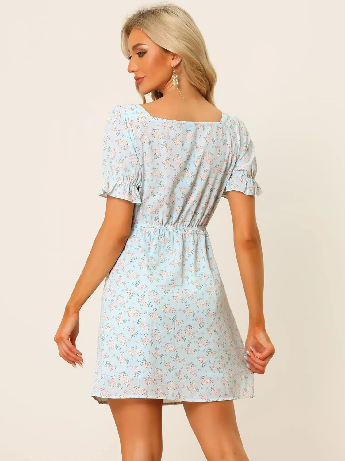 Allegra K Women's 2023 Causal Square Neck Elastic Waist Pocket Puff Sleeve Floral Short Dress