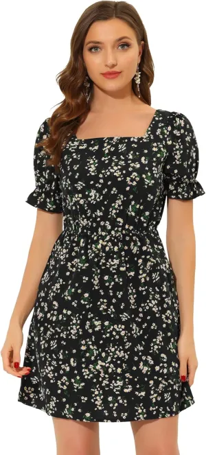 Allegra K Women's 2023 Causal Square Neck Elastic Waist Pocket Puff Sleeve Floral Short Dress