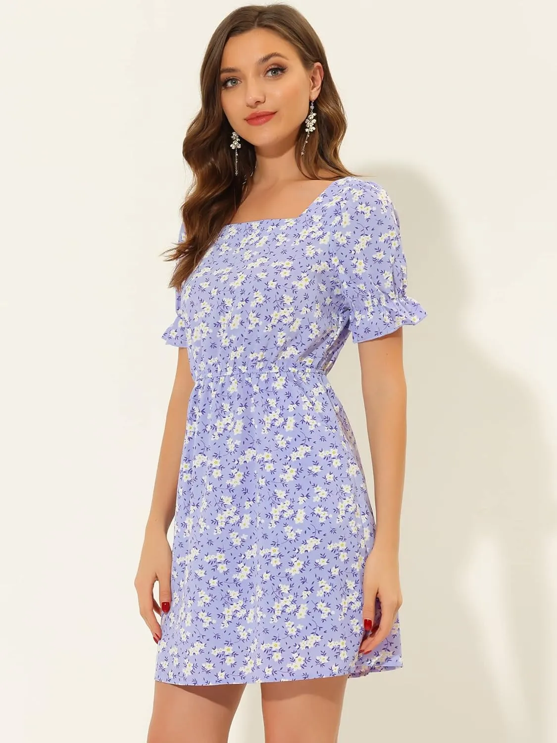 Allegra K Women's 2023 Causal Square Neck Elastic Waist Pocket Puff Sleeve Floral Short Dress