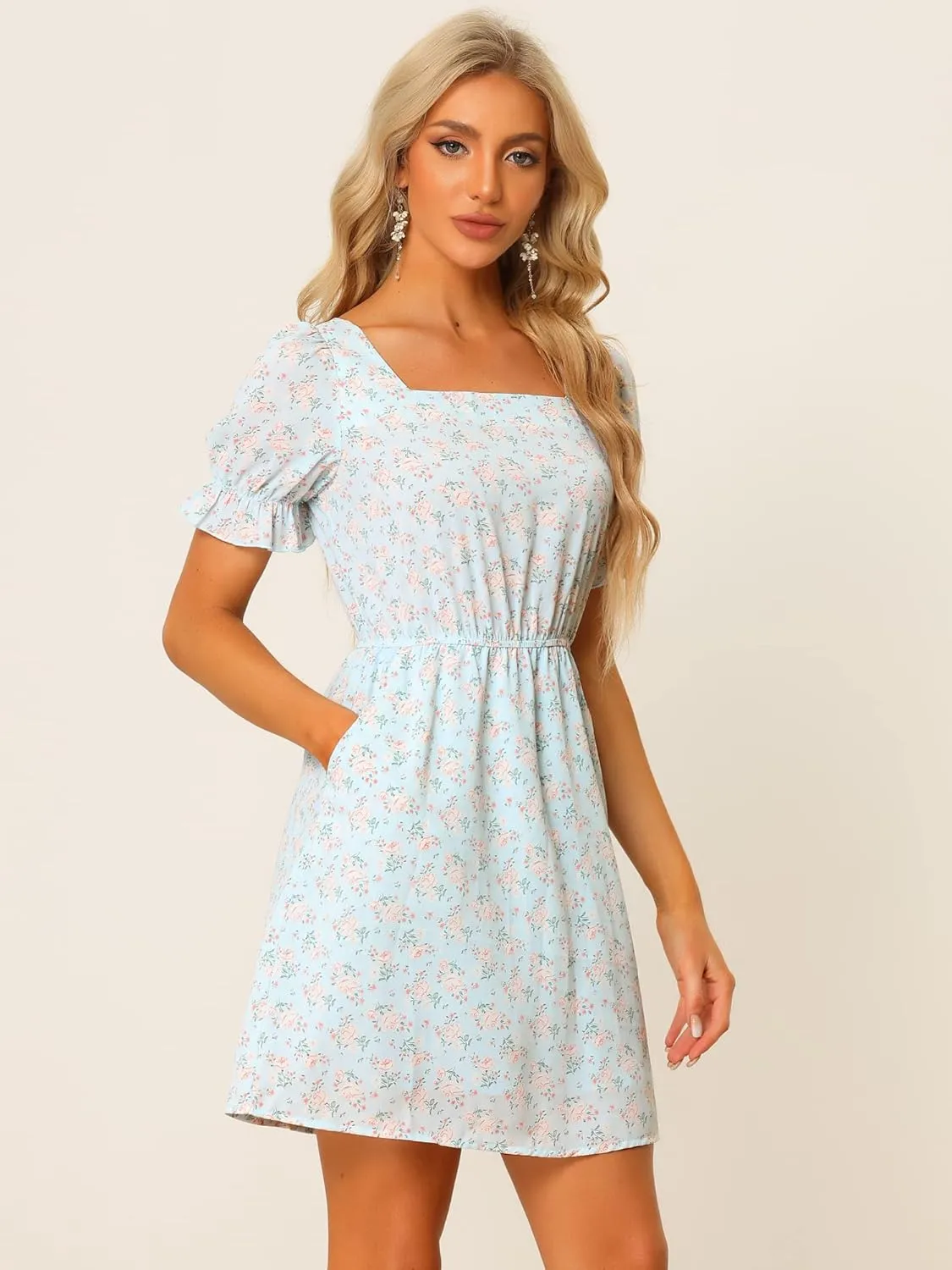 Allegra K Women's 2023 Causal Square Neck Elastic Waist Pocket Puff Sleeve Floral Short Dress
