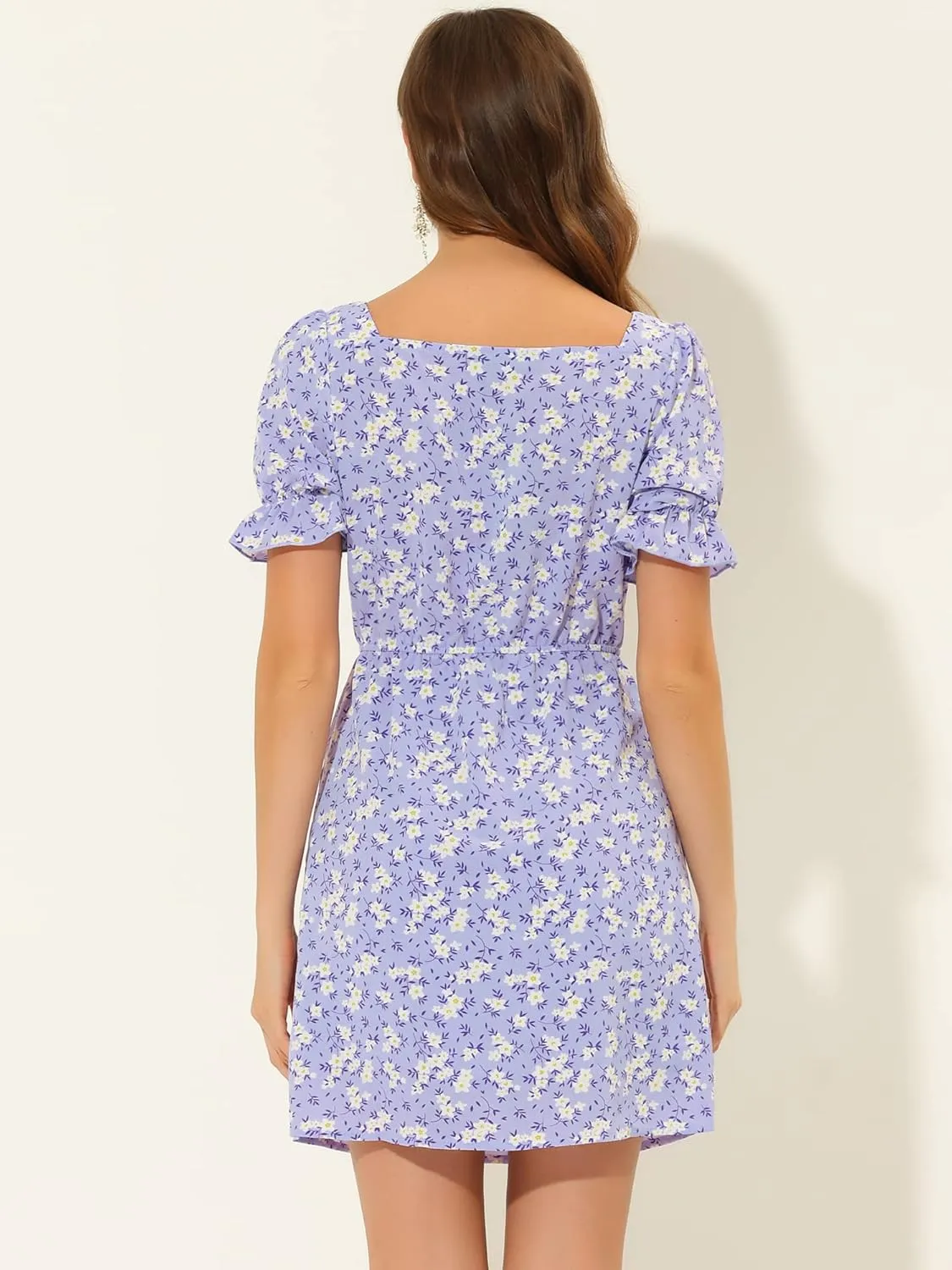 Allegra K Women's 2023 Causal Square Neck Elastic Waist Pocket Puff Sleeve Floral Short Dress