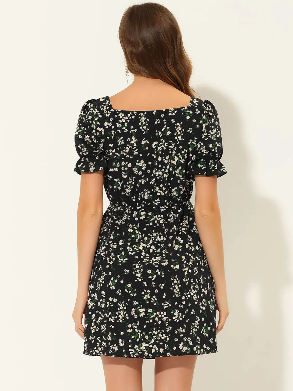 Allegra K Women's 2023 Causal Square Neck Elastic Waist Pocket Puff Sleeve Floral Short Dress