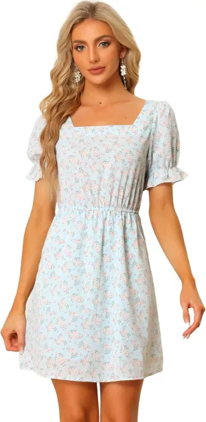 Allegra K Women's 2023 Causal Square Neck Elastic Waist Pocket Puff Sleeve Floral Short Dress
