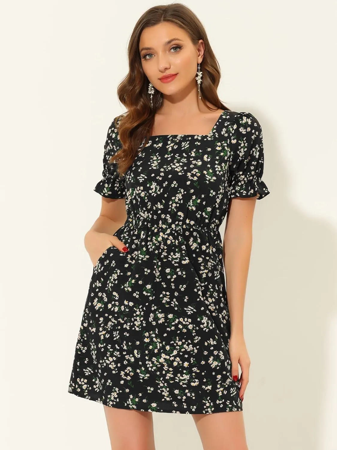 Allegra K Women's 2023 Causal Square Neck Elastic Waist Pocket Puff Sleeve Floral Short Dress
