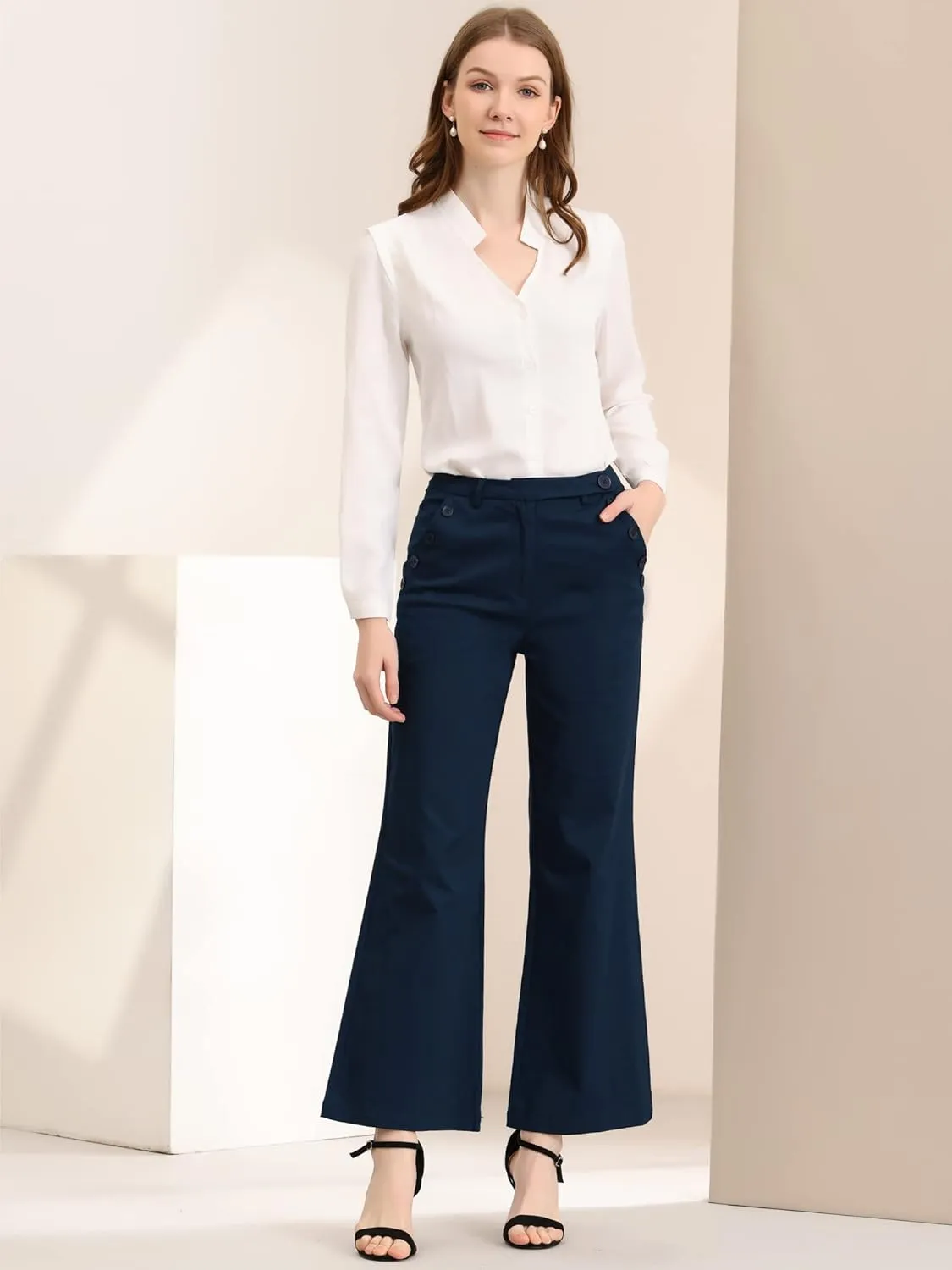 Allegra K Women's Bell Bottom 70s Long Pants High Waist Elegant Work Trousers