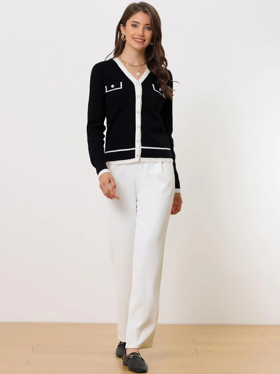 Allegra K Women's Button Knit Cardigan Contrast Color 2023 Fashion V Neck Long Sleeve Cardigan Sweater