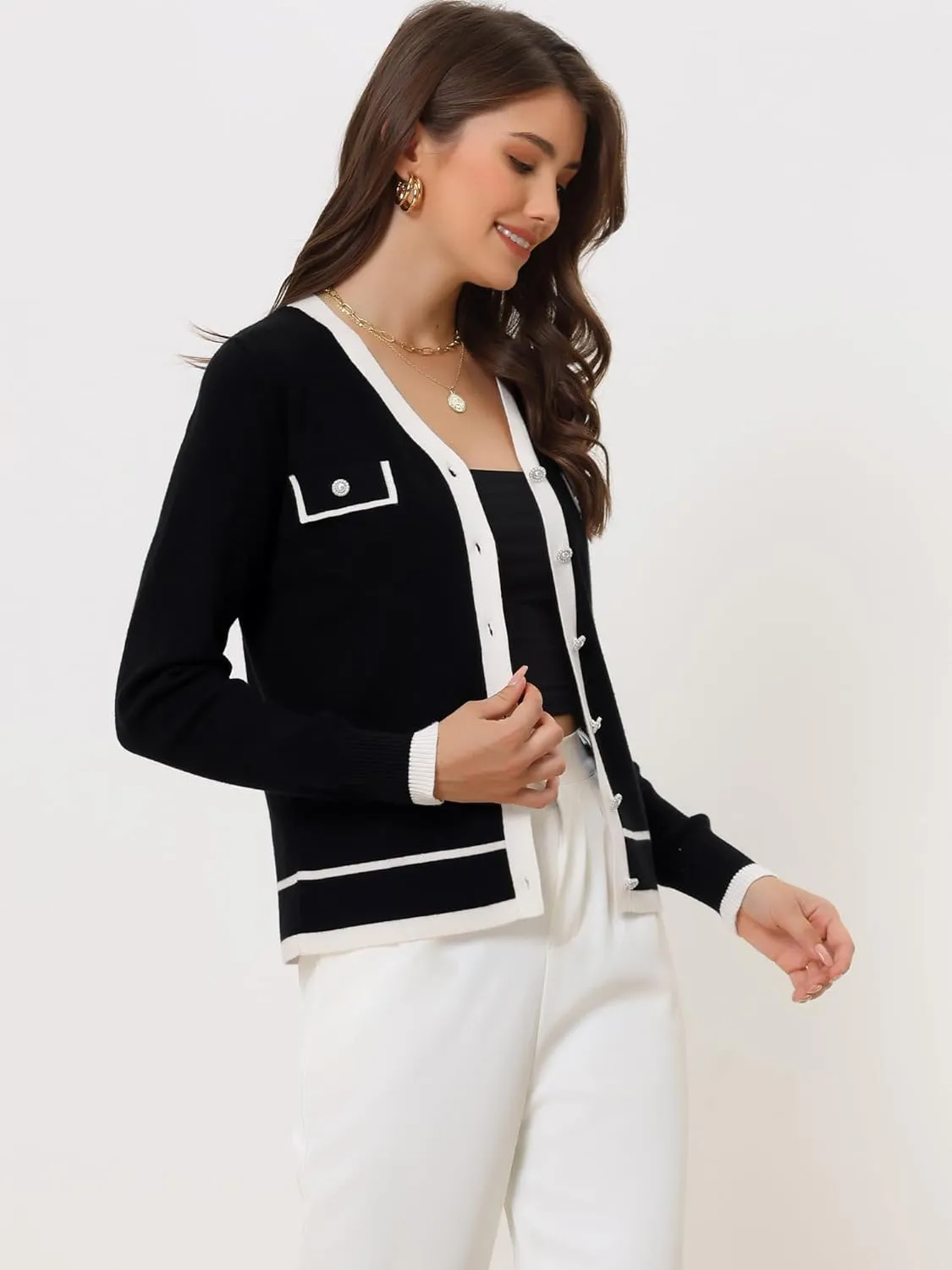 Allegra K Women's Button Knit Cardigan Contrast Color 2023 Fashion V Neck Long Sleeve Cardigan Sweater