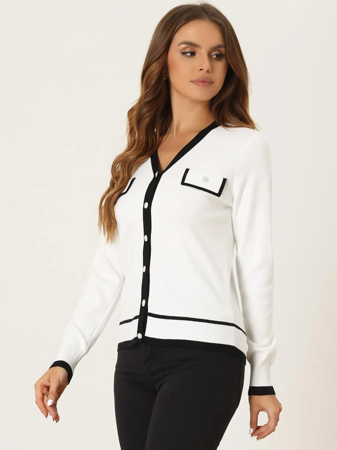 Allegra K Women's Button Knit Cardigan Contrast Color 2023 Fashion V Neck Long Sleeve Cardigan Sweater
