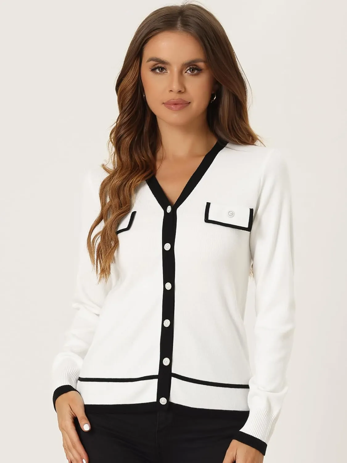 Allegra K Women's Button Knit Cardigan Contrast Color 2023 Fashion V Neck Long Sleeve Cardigan Sweater