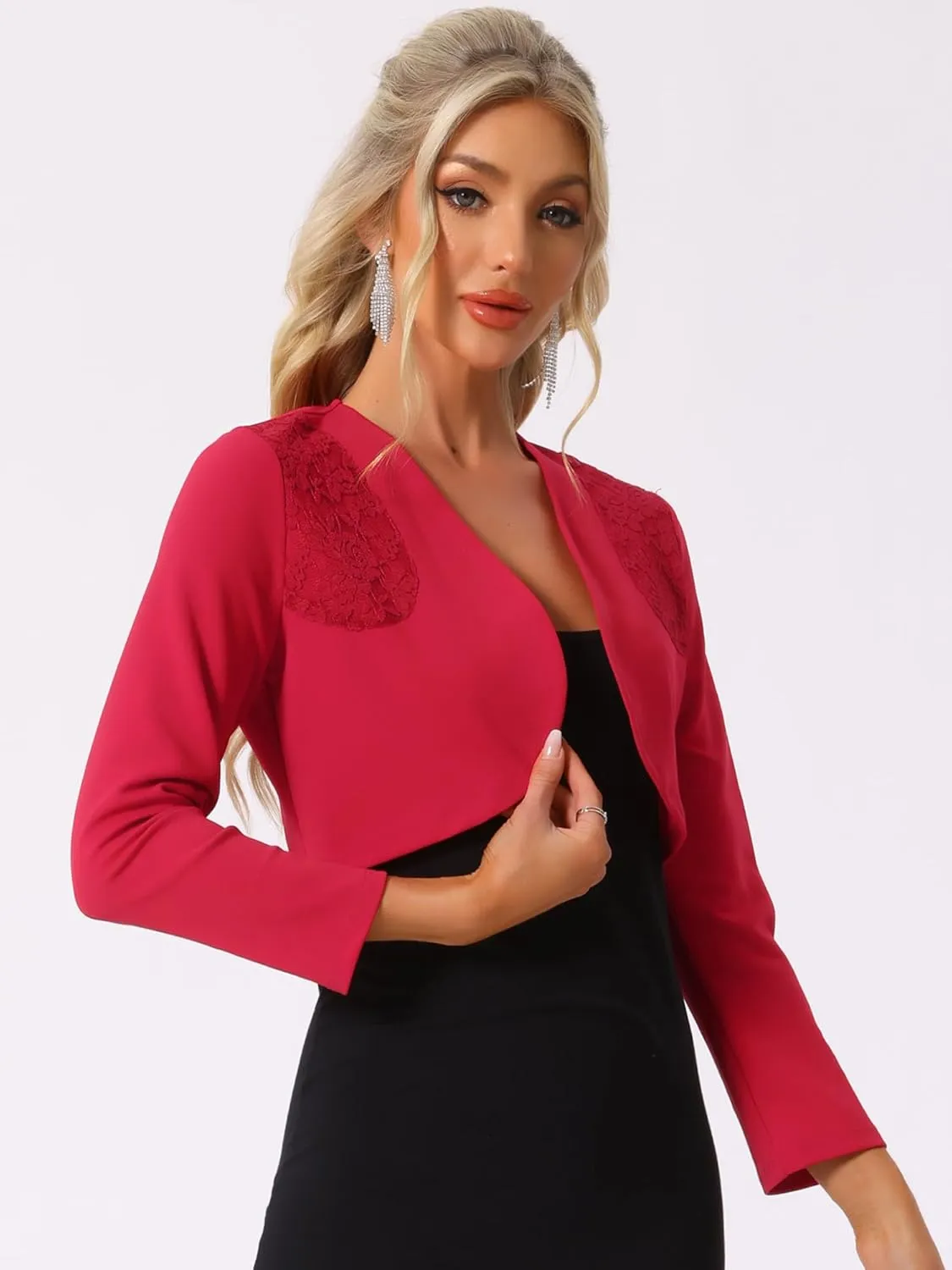 Allegra K Women's Elegant Bolero Shrugs Lace Insert Business Office Open Front Crop Cardigan