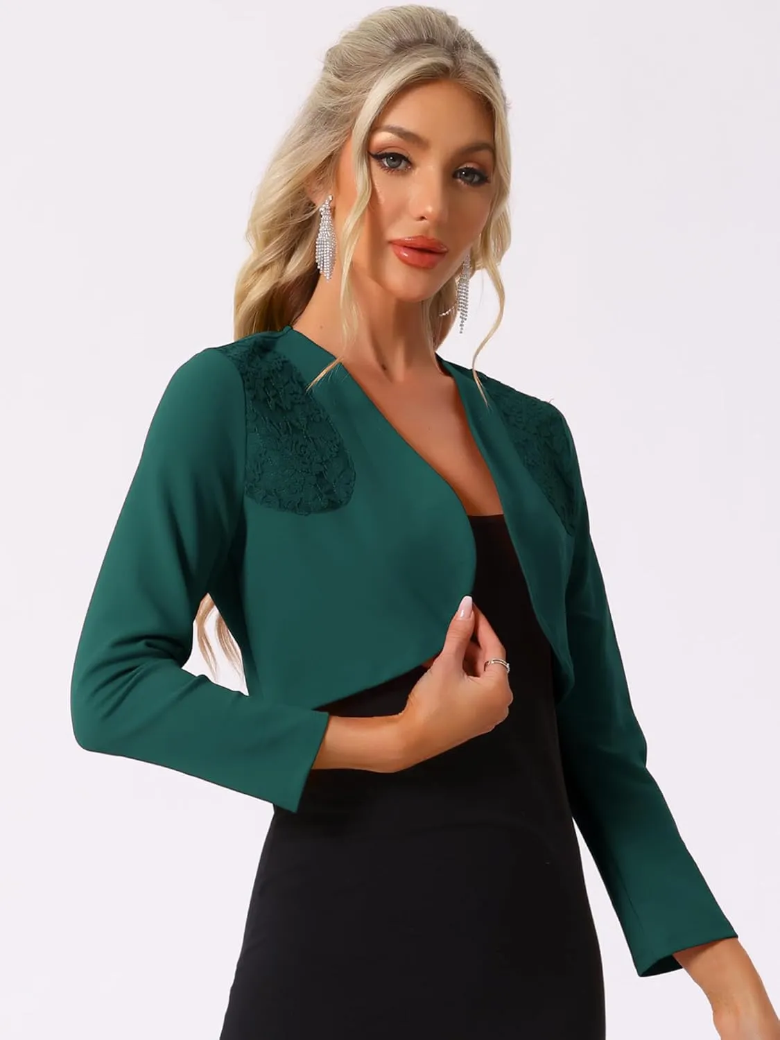 Allegra K Women's Elegant Bolero Shrugs Lace Insert Business Office Open Front Crop Cardigan