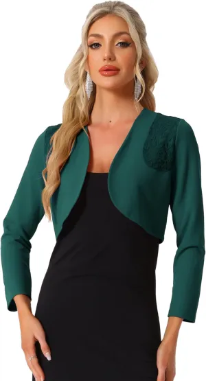 Allegra K Women's Elegant Bolero Shrugs Lace Insert Business Office Open Front Crop Cardigan