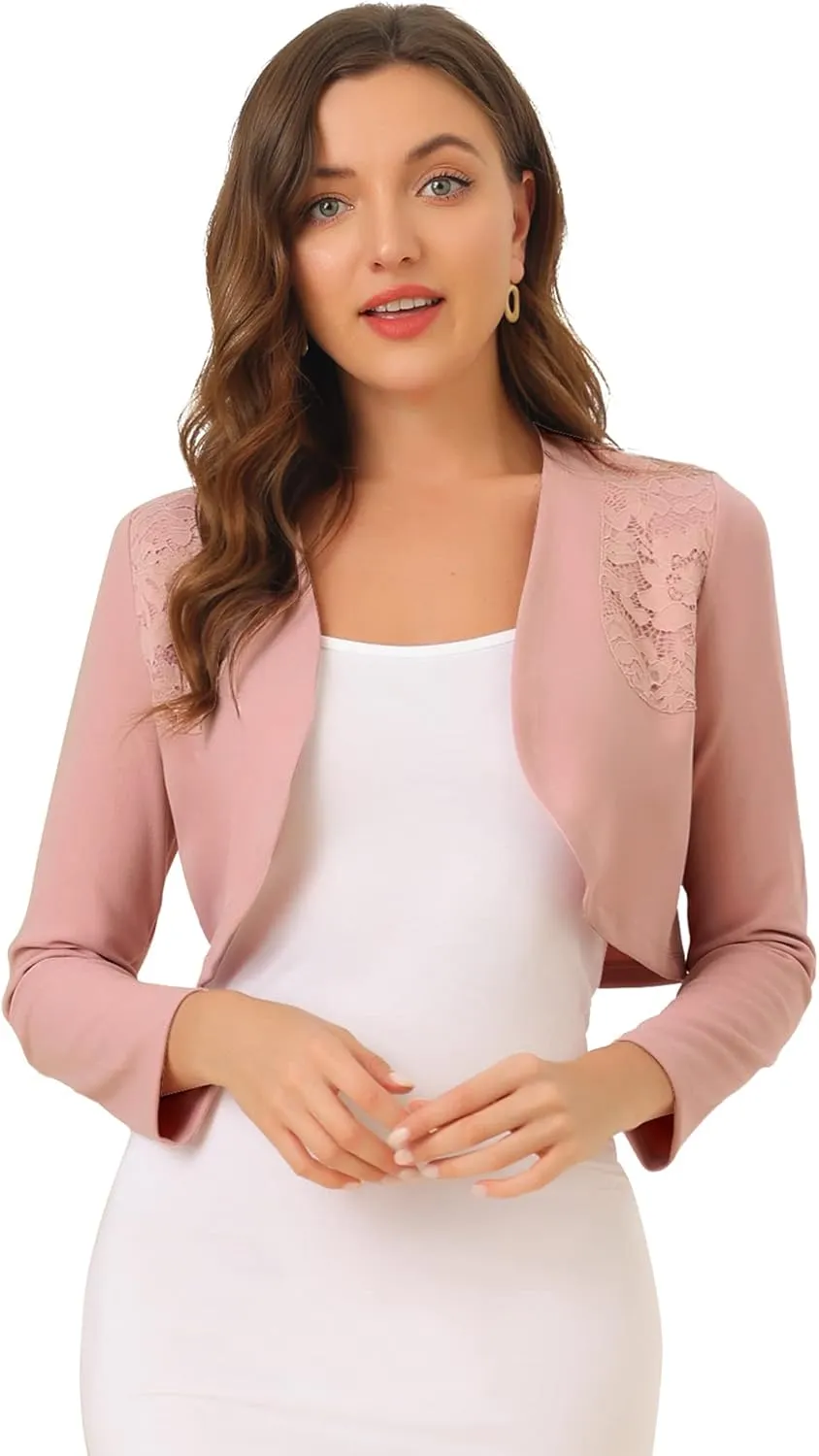 Allegra K Women's Elegant Bolero Shrugs Lace Insert Business Office Open Front Crop Cardigan