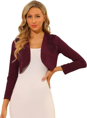 Allegra K Women's Elegant Bolero Shrugs Lace Insert Business Office Open Front Crop Cardigan