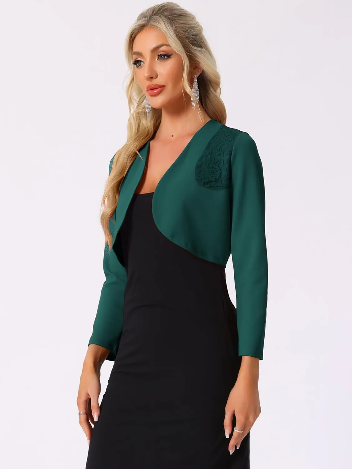 Allegra K Women's Elegant Bolero Shrugs Lace Insert Business Office Open Front Crop Cardigan