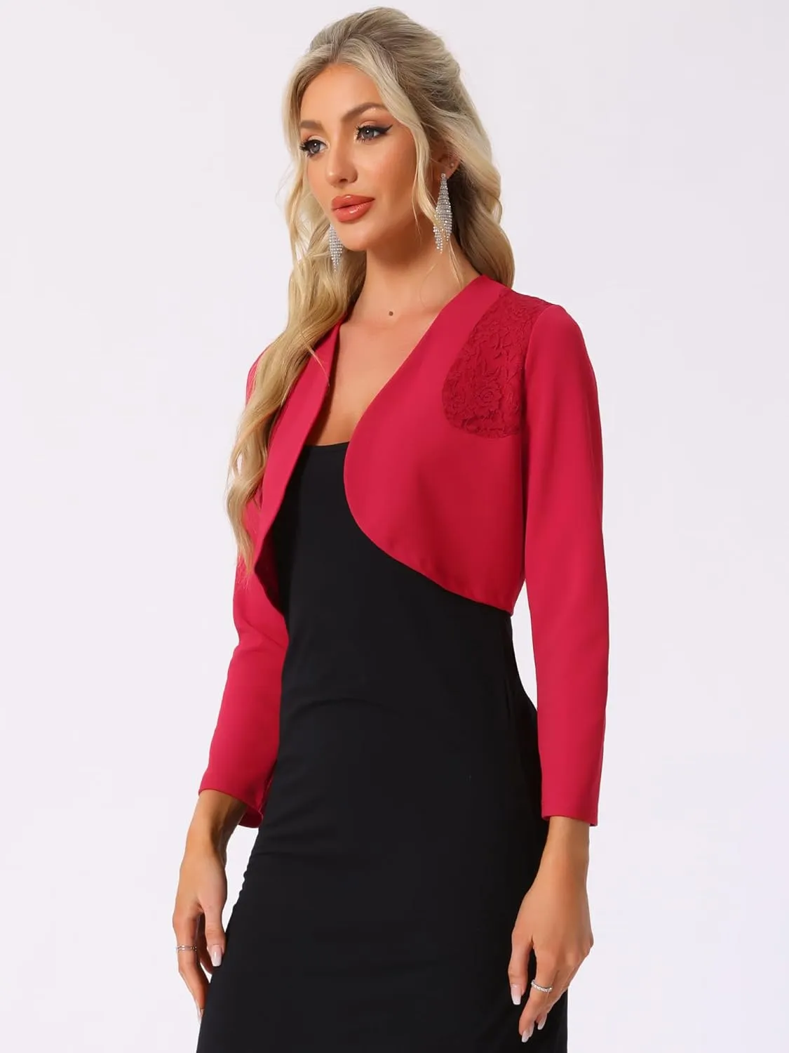 Allegra K Women's Elegant Bolero Shrugs Lace Insert Business Office Open Front Crop Cardigan