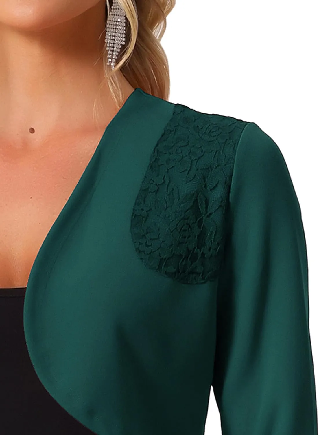 Allegra K Women's Elegant Bolero Shrugs Lace Insert Business Office Open Front Crop Cardigan