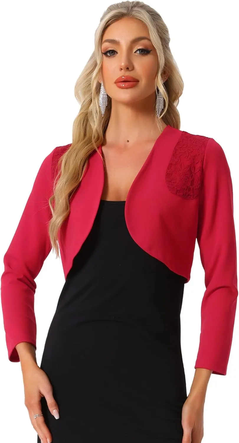 Allegra K Women's Elegant Bolero Shrugs Lace Insert Business Office Open Front Crop Cardigan