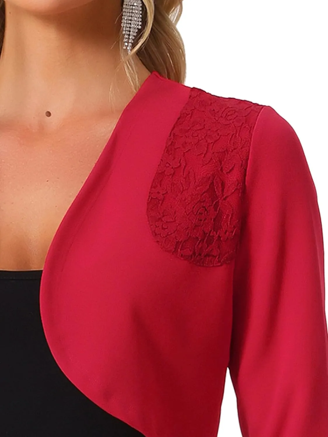 Allegra K Women's Elegant Bolero Shrugs Lace Insert Business Office Open Front Crop Cardigan