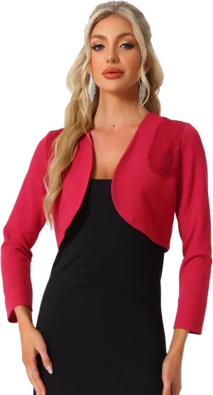 Allegra K Women's Elegant Bolero Shrugs Lace Insert Business Office Open Front Crop Cardigan