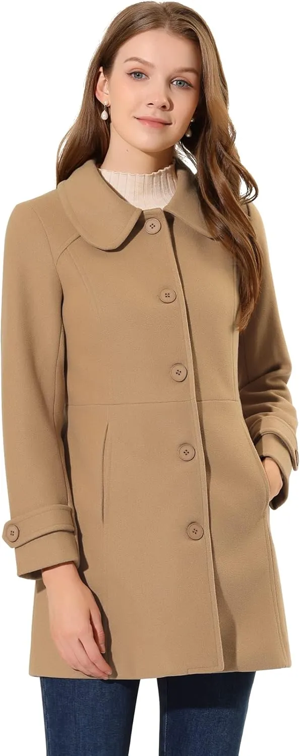 Allegra K Women's Peter Pan Collar Overcoat Winter Dressy Button Single Breasted Long Coat