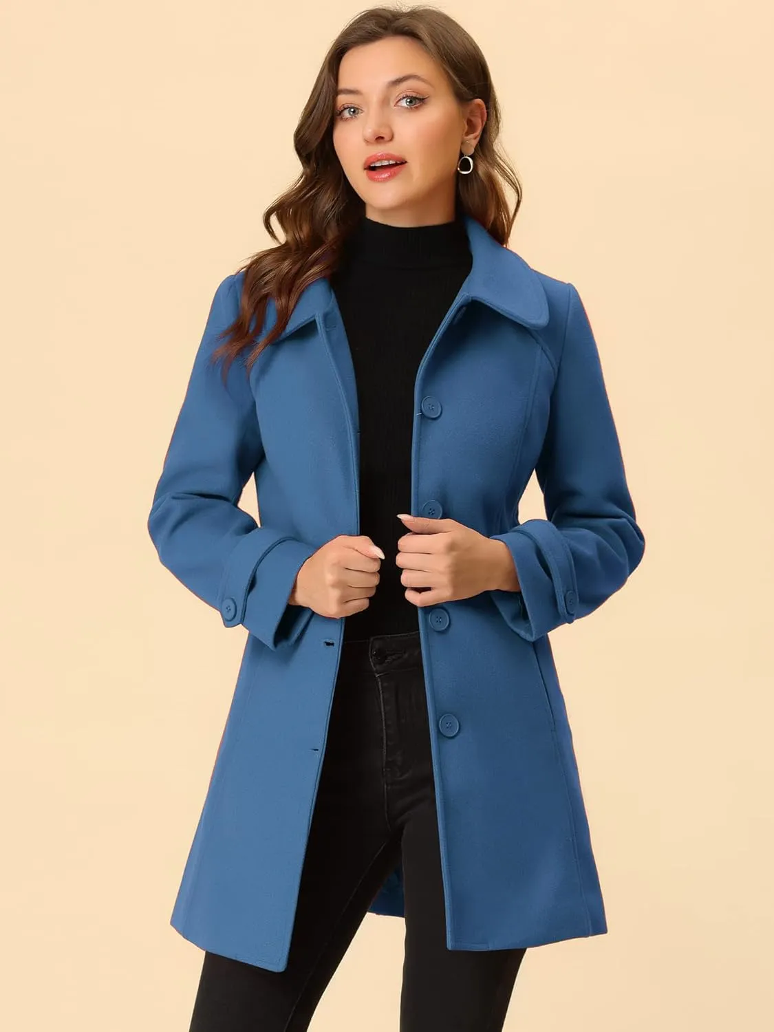 Allegra K Women's Peter Pan Collar Overcoat Winter Dressy Button Single Breasted Long Coat