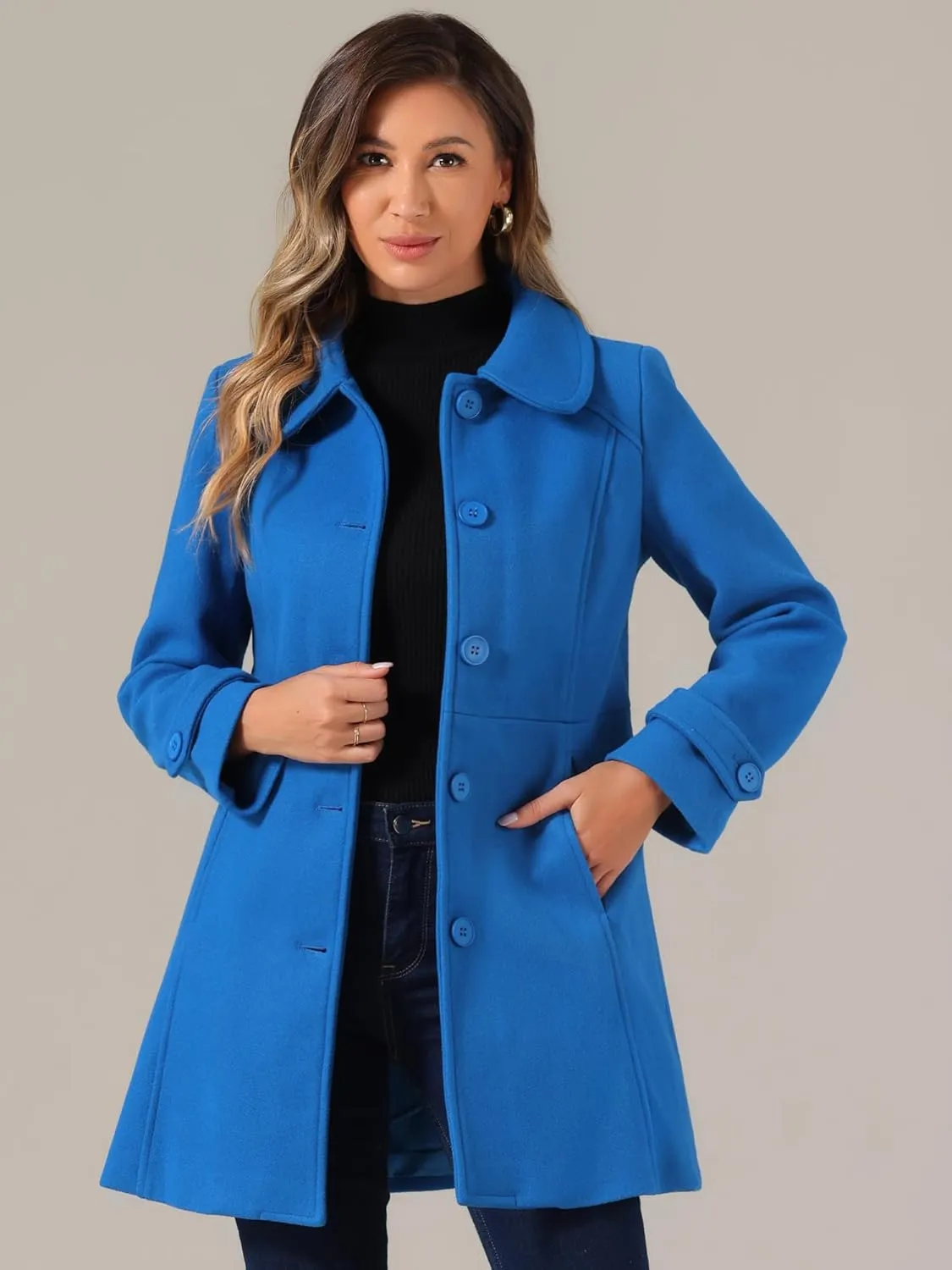 Allegra K Women's Peter Pan Collar Overcoat Winter Dressy Button Single Breasted Long Coat