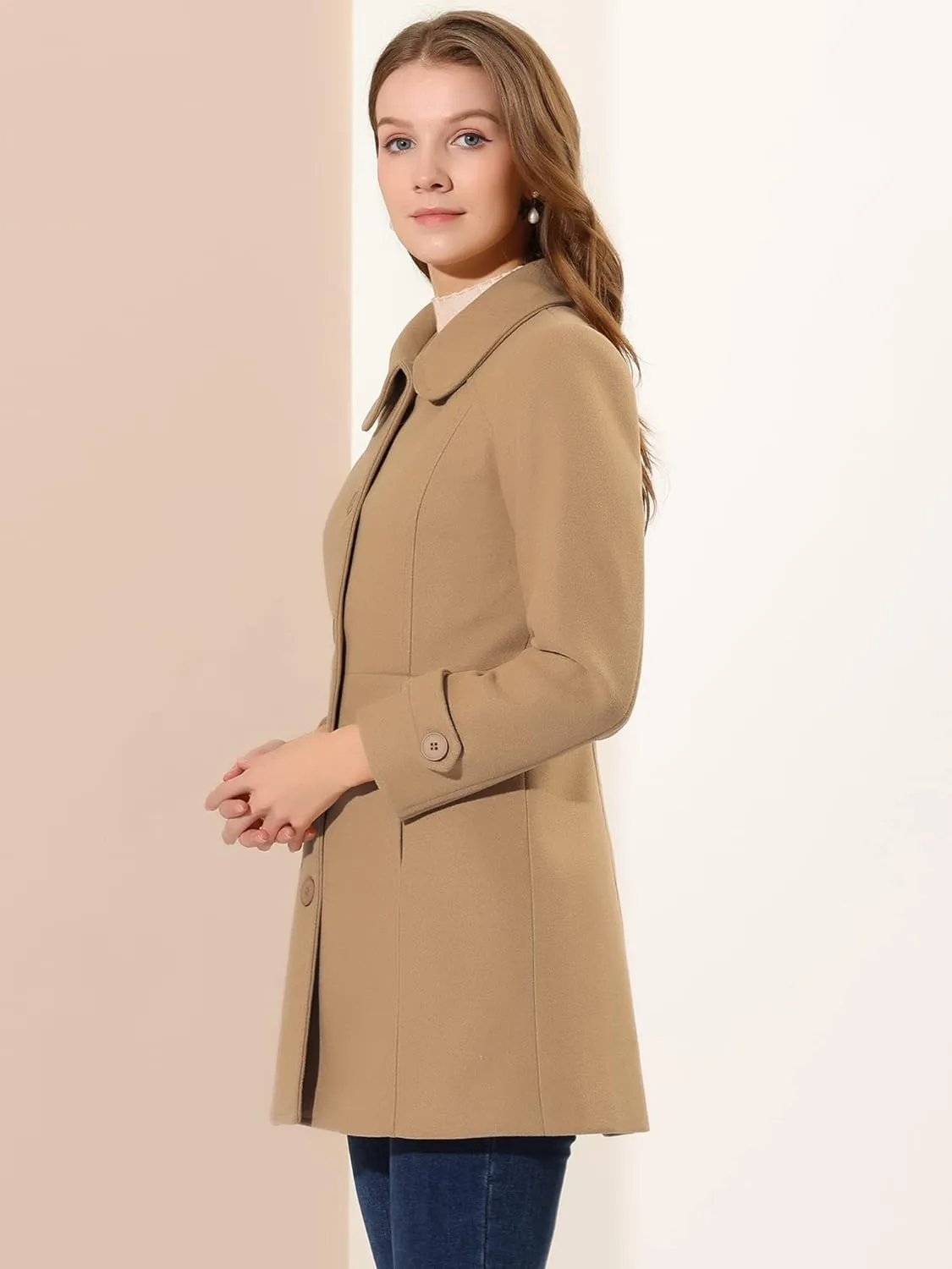 Allegra K Women's Peter Pan Collar Overcoat Winter Dressy Button Single Breasted Long Coat