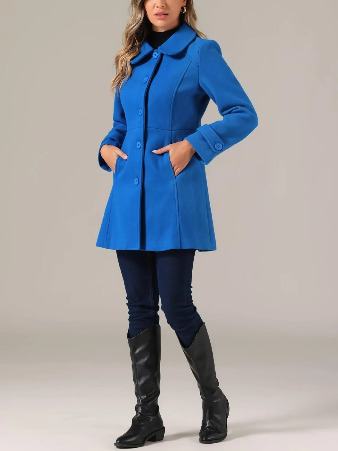 Allegra K Women's Peter Pan Collar Overcoat Winter Dressy Button Single Breasted Long Coat