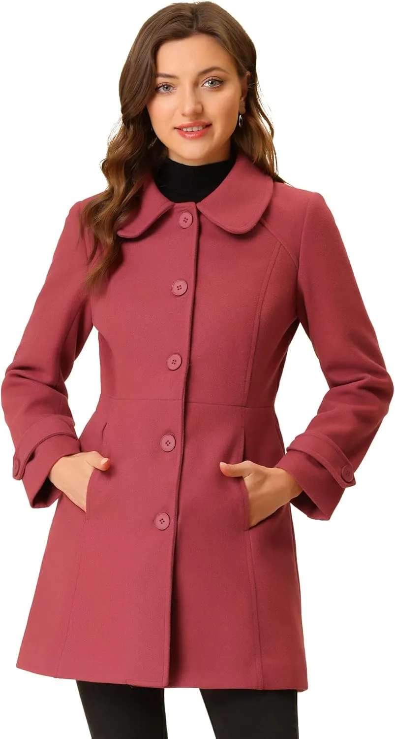 Allegra K Women's Peter Pan Collar Overcoat Winter Dressy Button Single Breasted Long Coat