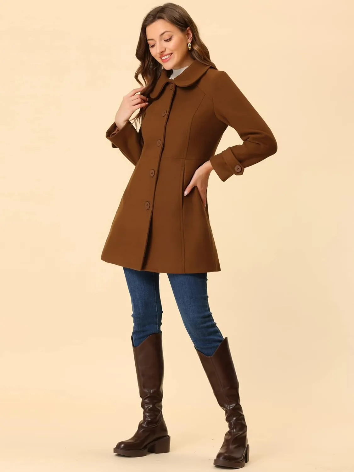 Allegra K Women's Peter Pan Collar Overcoat Winter Dressy Button Single Breasted Long Coat