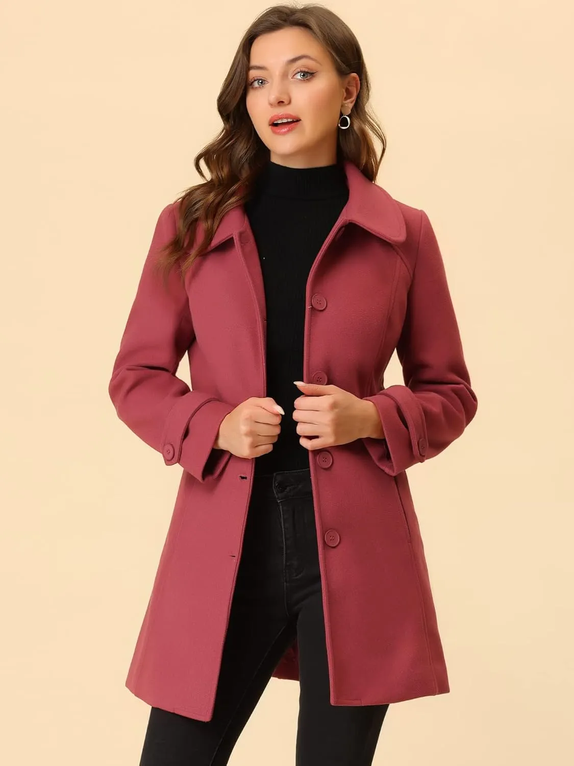 Allegra K Women's Peter Pan Collar Overcoat Winter Dressy Button Single Breasted Long Coat