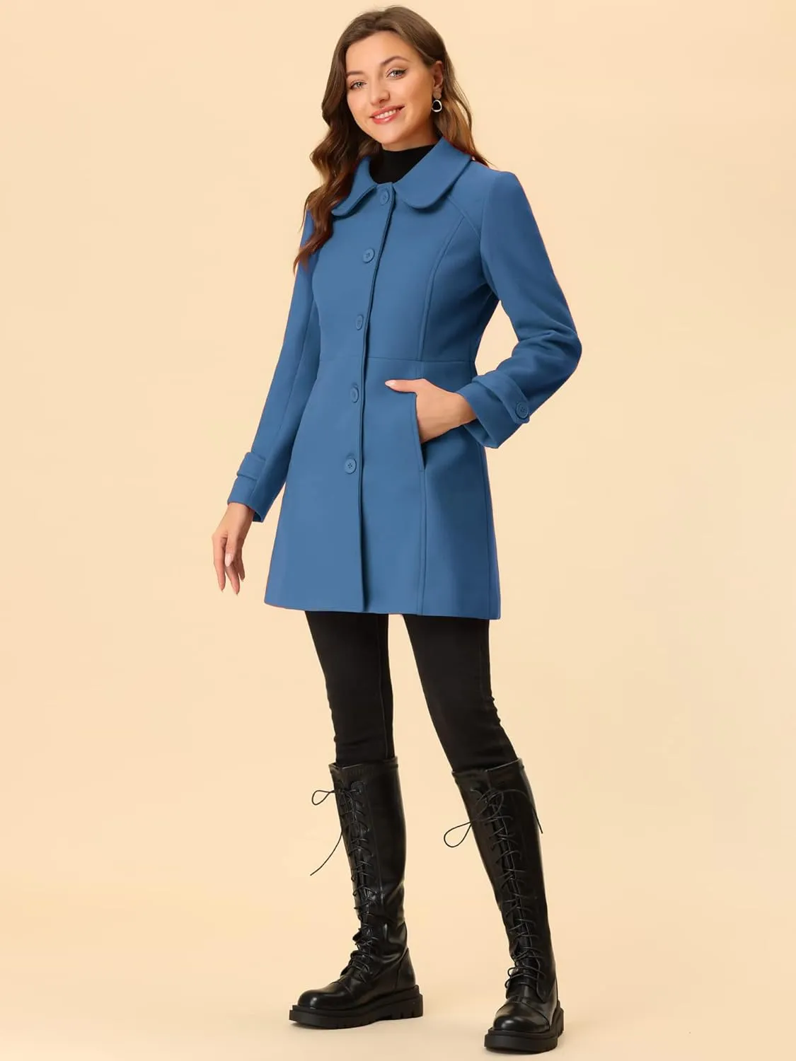 Allegra K Women's Peter Pan Collar Overcoat Winter Dressy Button Single Breasted Long Coat