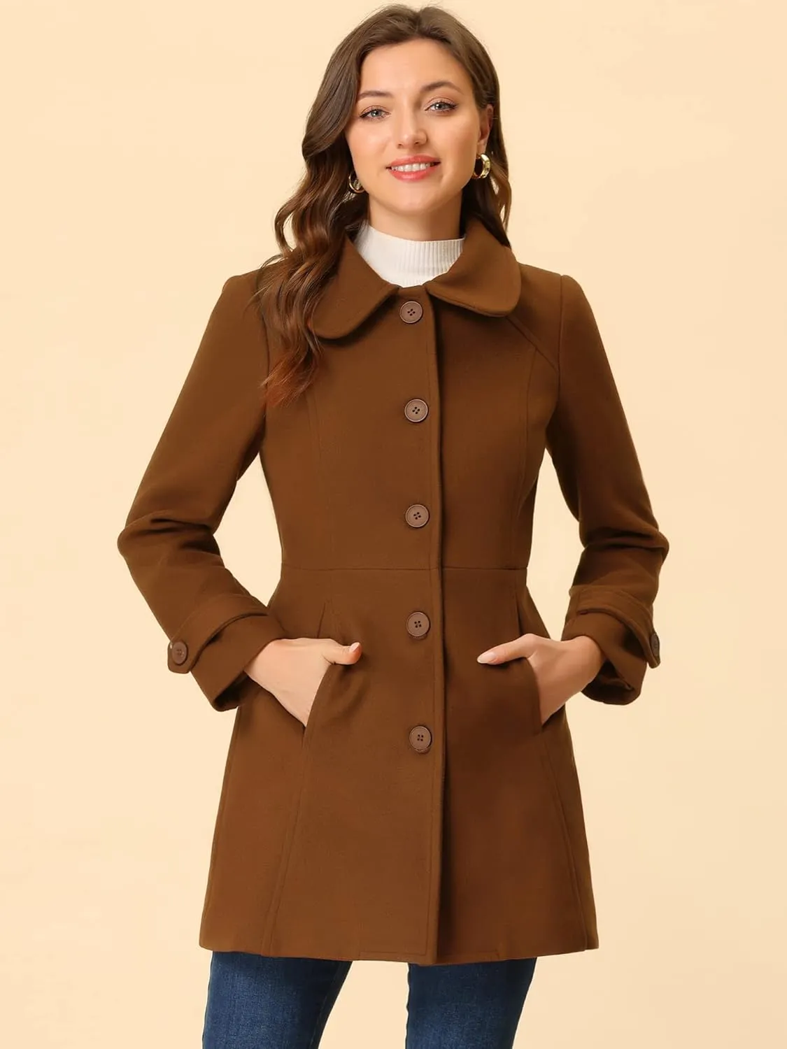 Allegra K Women's Peter Pan Collar Overcoat Winter Dressy Button Single Breasted Long Coat