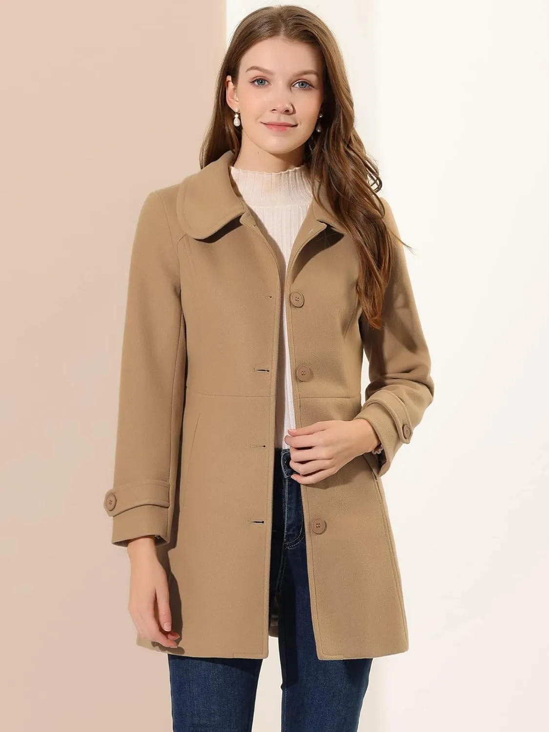 Allegra K Women's Peter Pan Collar Overcoat Winter Dressy Button Single Breasted Long Coat