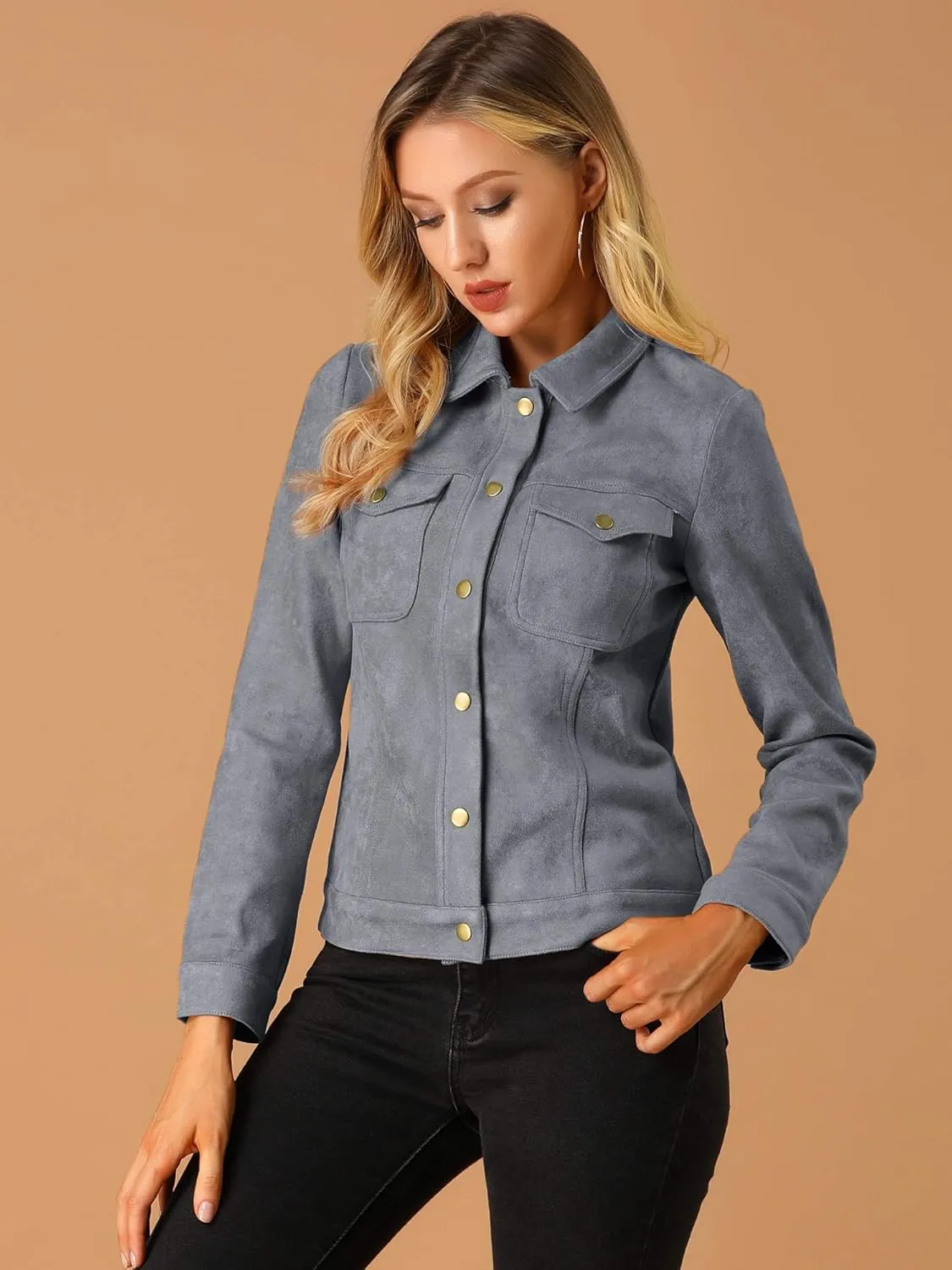 Allegra K Women's Turn-Down Collar Flap Pockets Snap Button Faux Suede Jacket