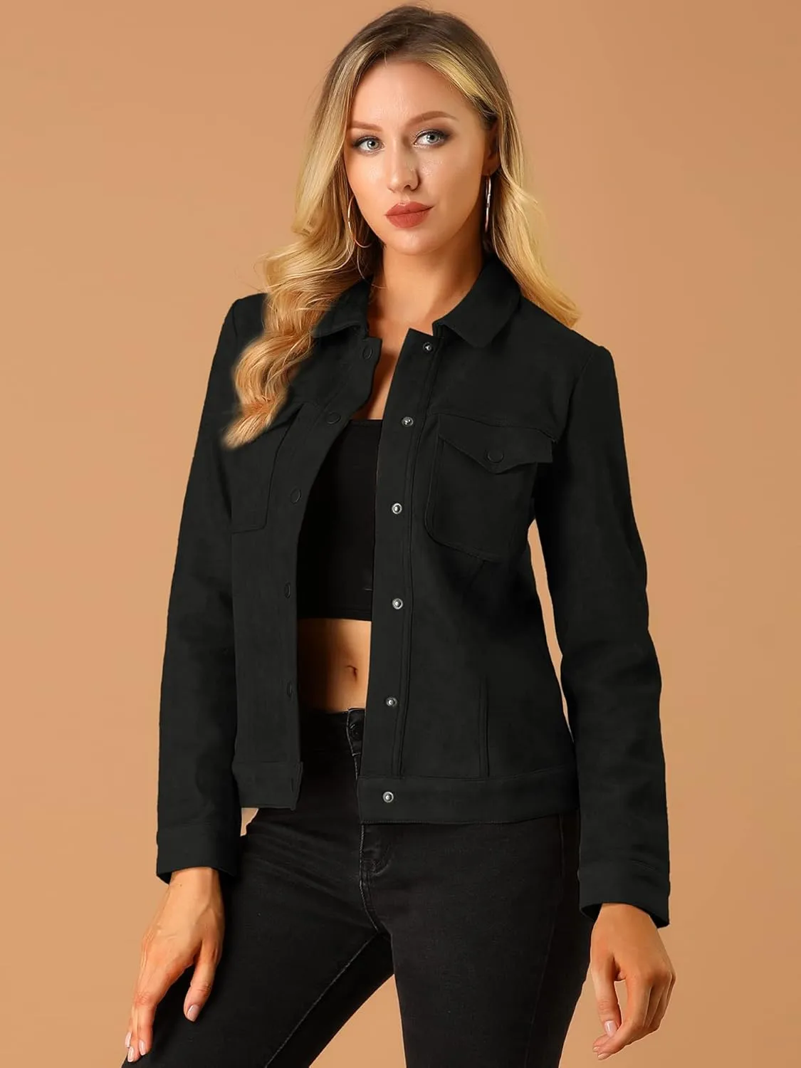 Allegra K Women's Turn-Down Collar Flap Pockets Snap Button Faux Suede Jacket